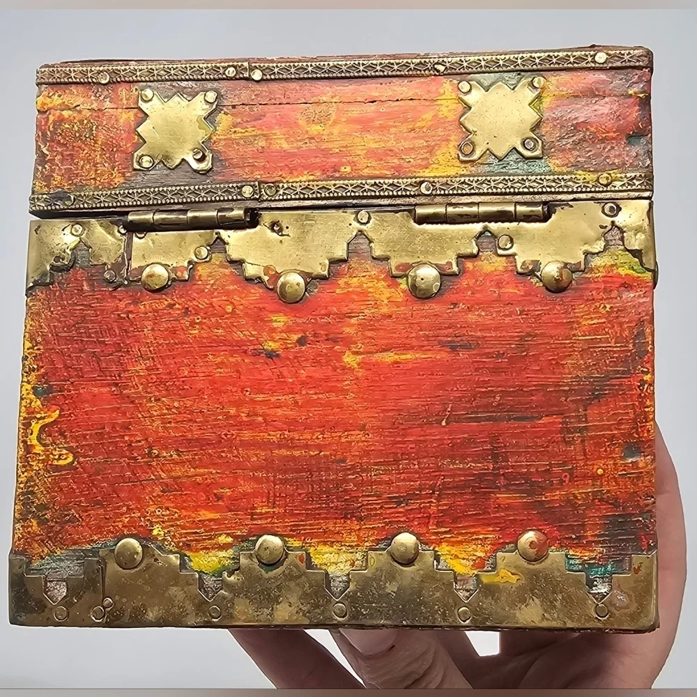 Handmade Pier 1 India Decorative Brass Wood Hinged Trinket Stash Box